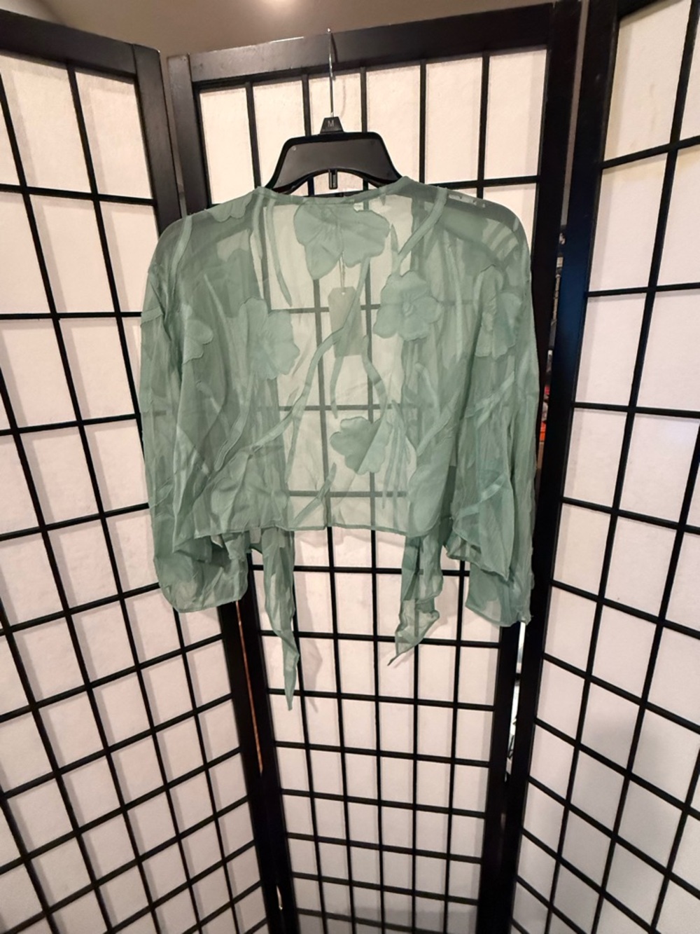 MSGlamor NWT Sage Green Sheer Floral Tie Front Top Cardigan XXL Boho Romantic - Picture 5 of 5